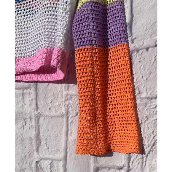 Neon Loose Crocheted Cropped Sweater Multi Color Bell Sleeve Square Neckline S - Picture 4 of 6